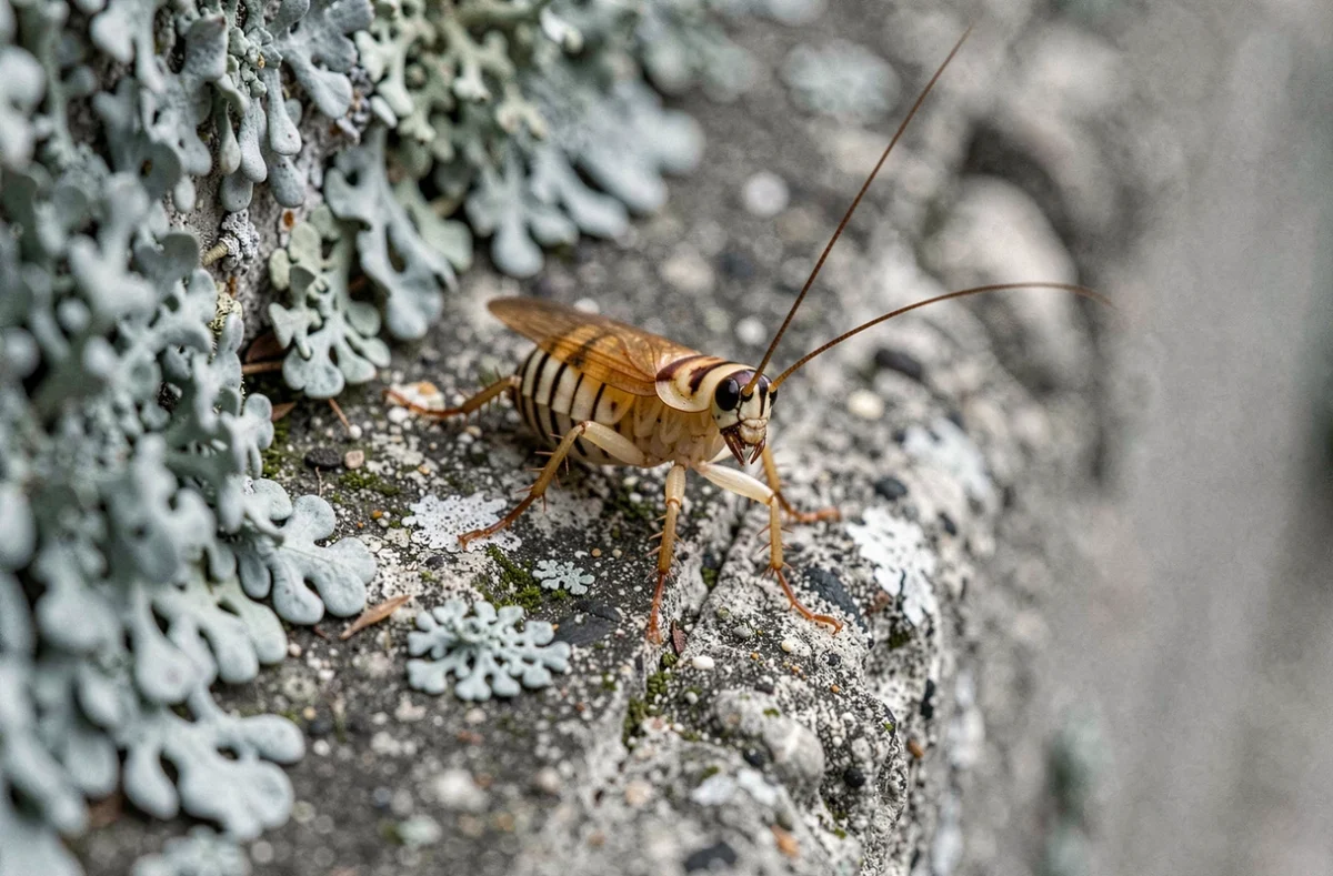 Nymphe jeune de cafard de jardin noir sur mur en béton recouvert de lichen dans un jardin