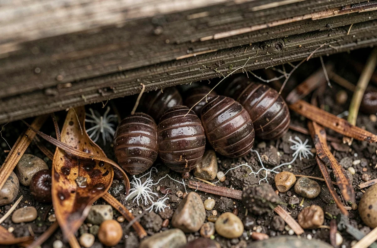 Œufs de cafard de jardin noir, oothèques brunes regroupées sous une planche en bois pourrie dans le sol humide
