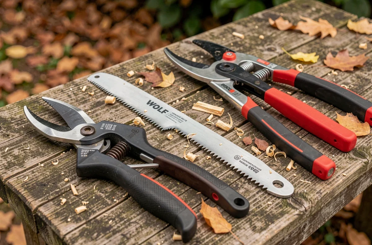 Gamme d'outils d'élagage Wolf posés sur un établi en bois, incluant sécateur, scie et ébrancheur