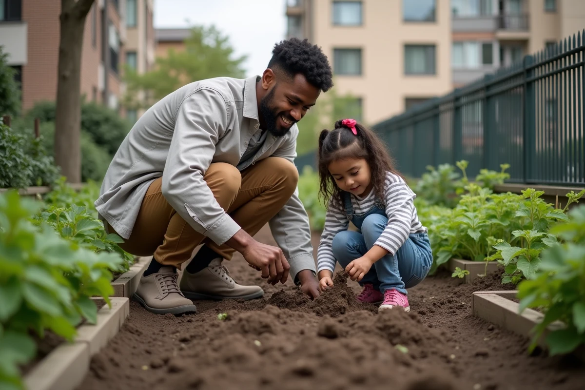Père et fille cultivant un jardin communautaire en ville