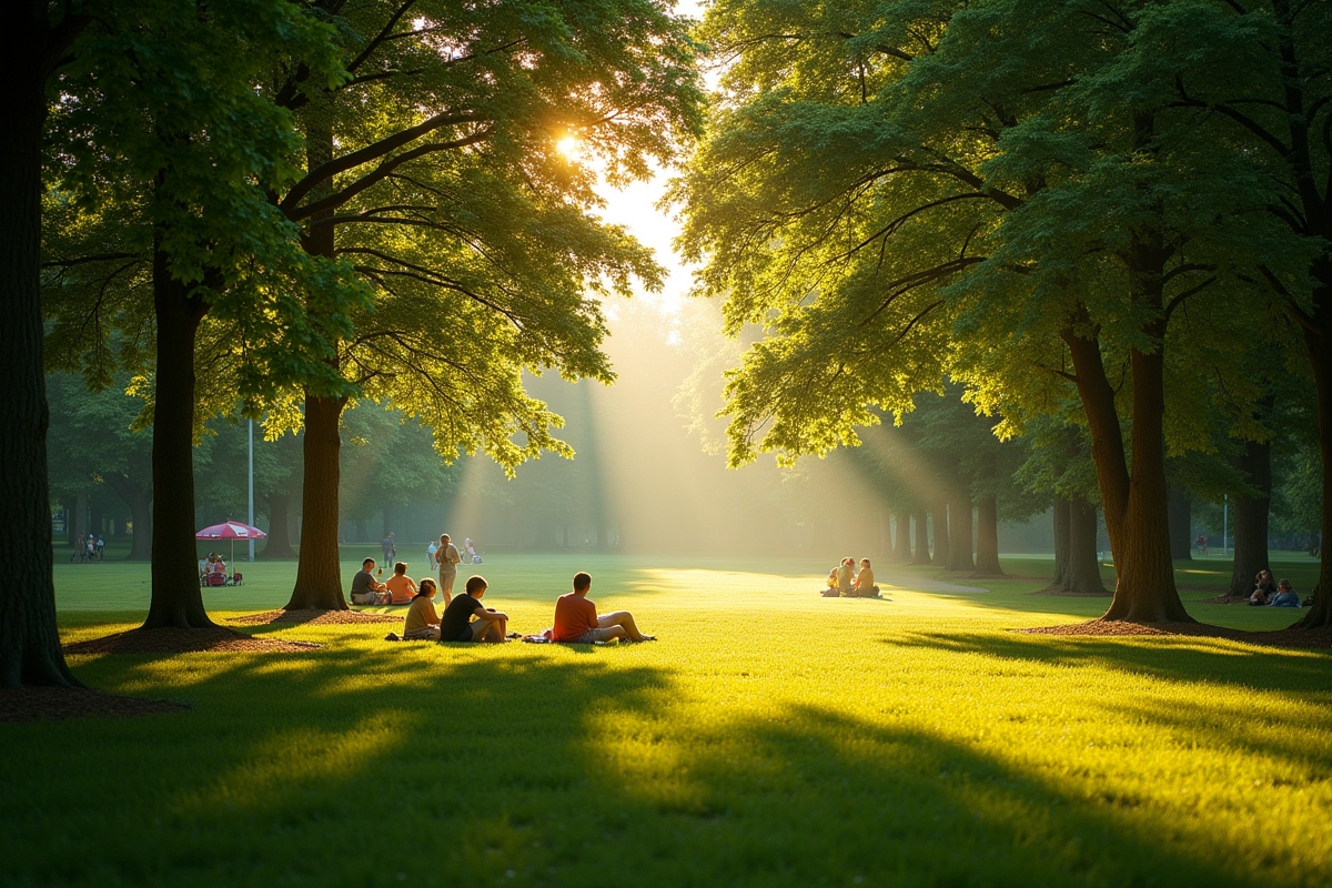 Parc en plein air en été avec personnes sous arbres ombragés