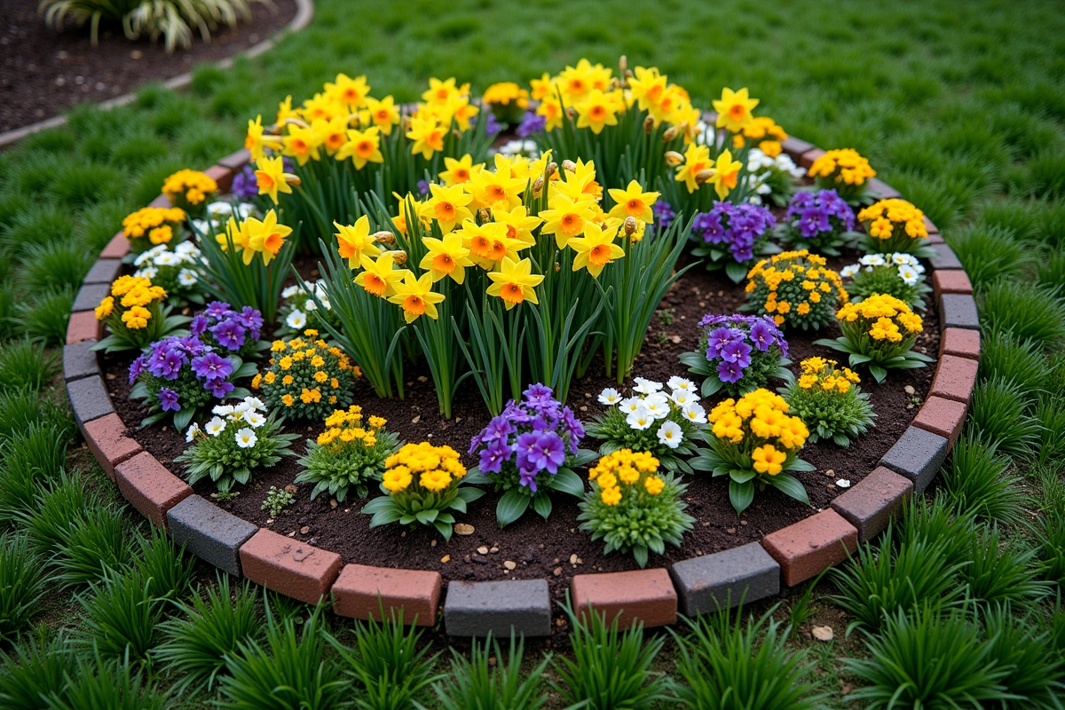 Vue aérienne d’un parterre de fleurs de printemps colorées