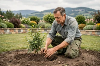 Paysagiste professionnel plantant un arbuste ornemental dans un jardin aménagé dans l'Ain