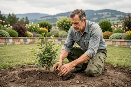 Paysagiste professionnel plantant un arbuste ornemental dans un jardin aménagé dans l'Ain