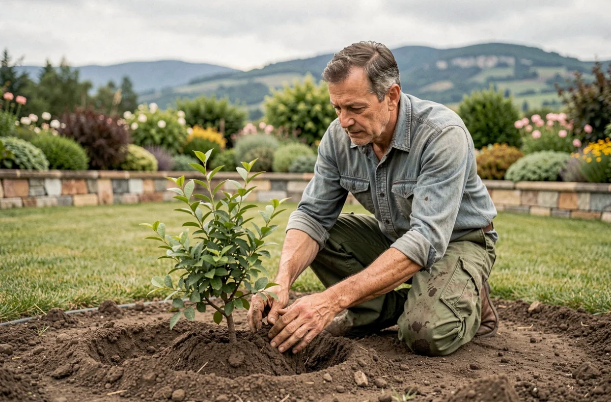Paysagiste professionnel plantant un arbuste ornemental dans un jardin aménagé dans l'Ain