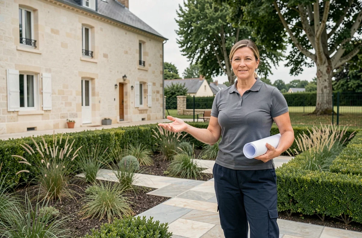 Paysagiste femme présentant un aménagement de jardin contemporain devant une maison de l'Ain