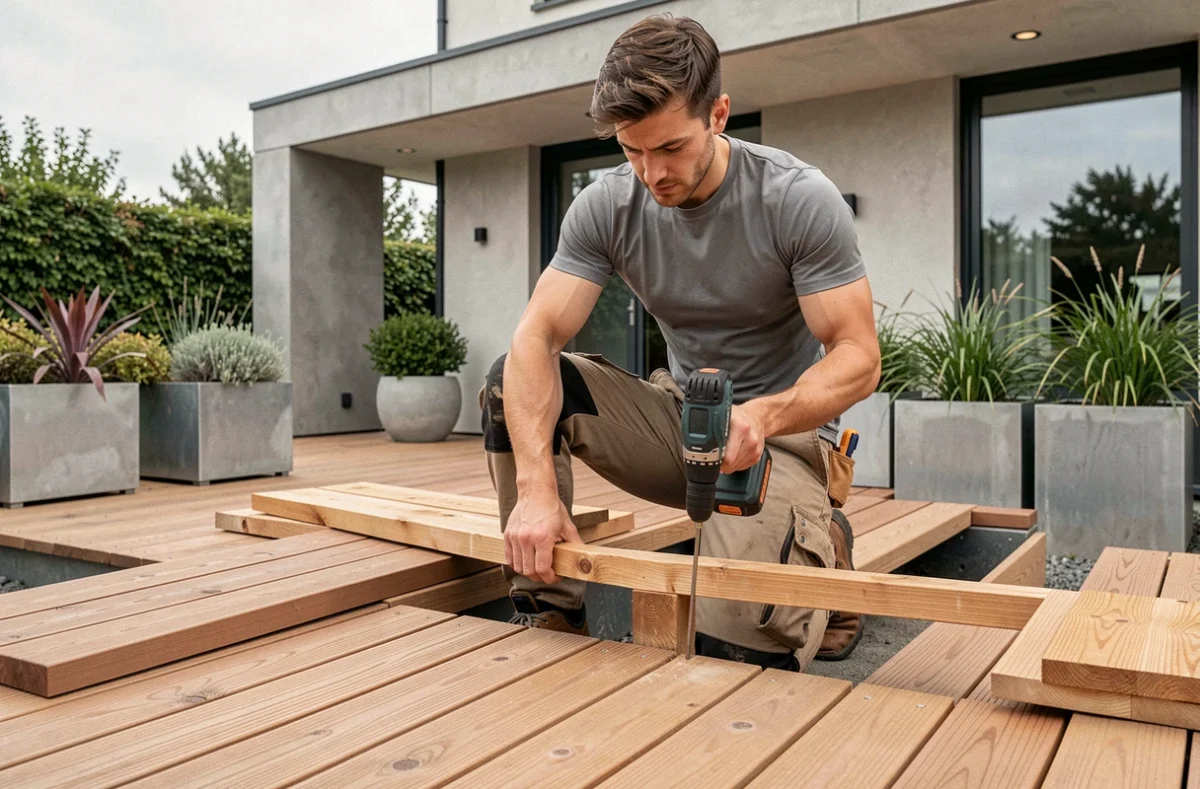 Thomas Pecastaings installant une terrasse en bois contemporaine dans un jardin moderne des Landes