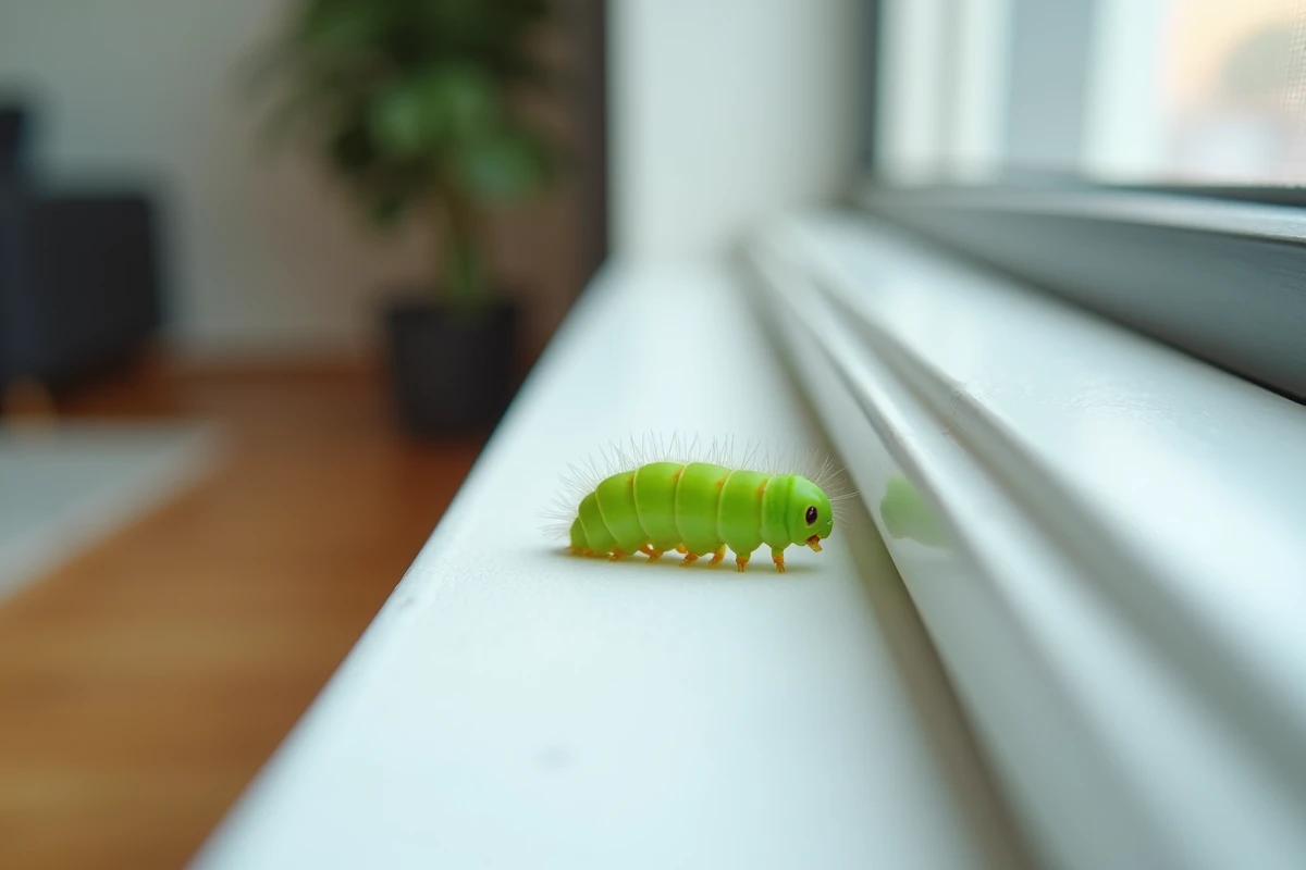 Petite chenille verte sur un rebord de fenêtre intérieur, vue macro réaliste