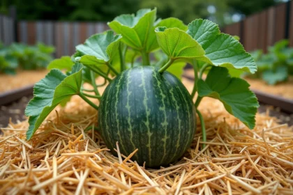 Plant de melon avec feuilles larges sur un lit de jardin recouvert de paillis de paille dorée dans un potager rustique