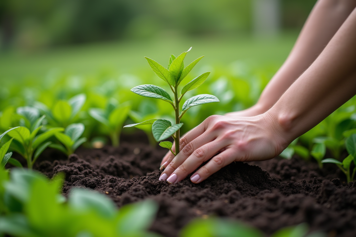 Mains plantant un jeune arbre jade dans le jardin