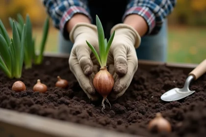 Mains de jardinier plantant un bulbe d'Hyacinthus orientalis dans une terre meuble et sombre au jardin