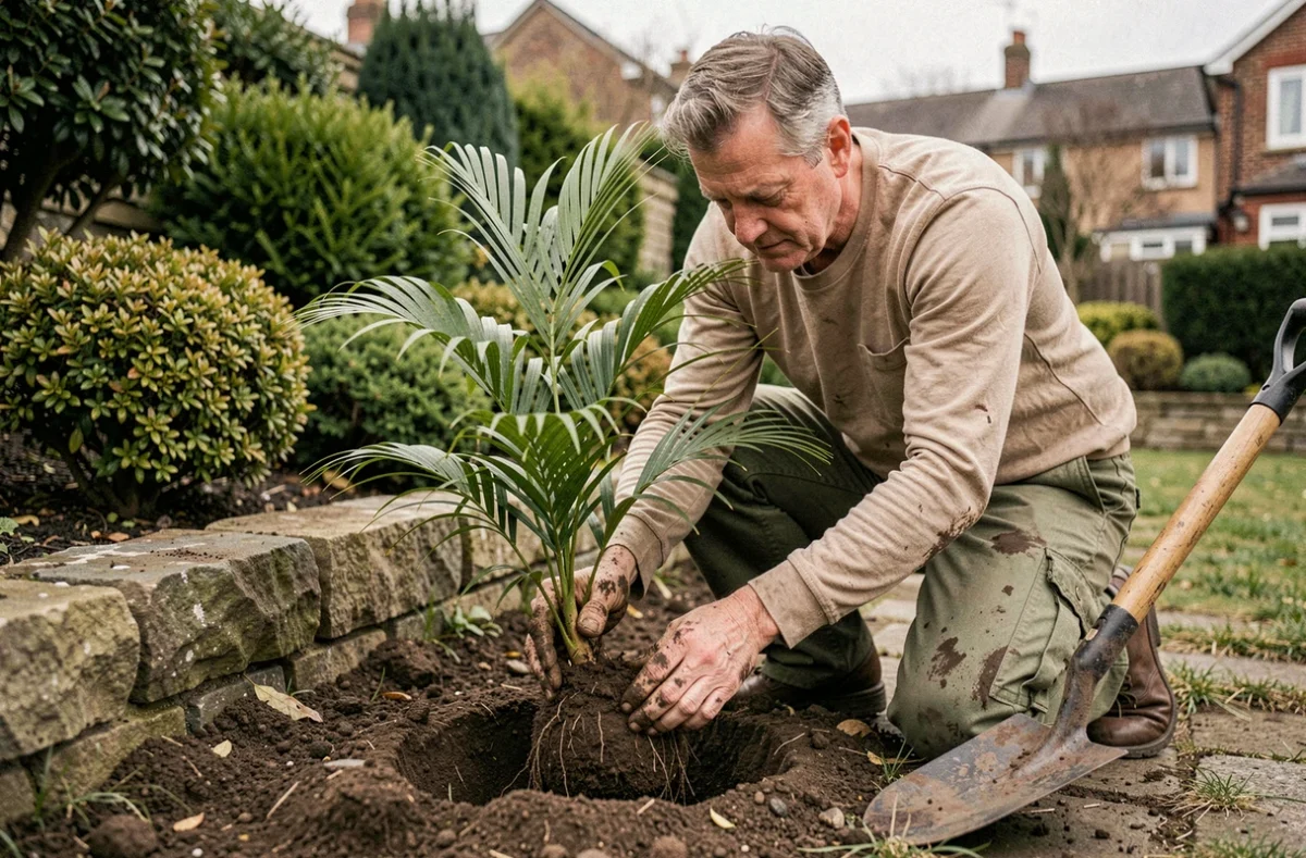 Jardinier plantant un jeune Trachycarpus fortunei en haie pour créer un brise-vue naturel dans un jardin