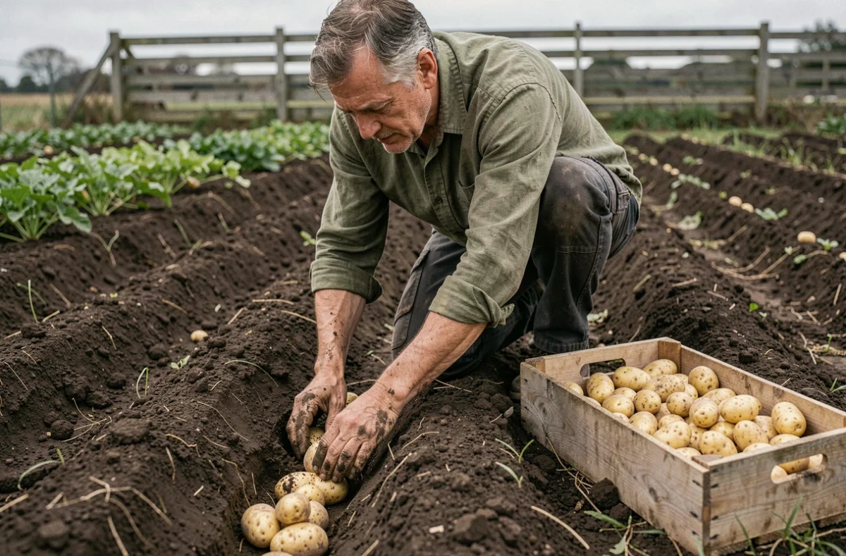 Homme plantant des tubercules de pommes de terre primeurs dans des sillons de terre fertile au potager
