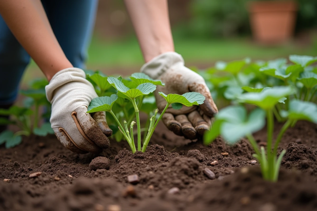 Mains de jardinière posant du paillis de copeaux de bois autour de jeunes plants de melon dans un potager