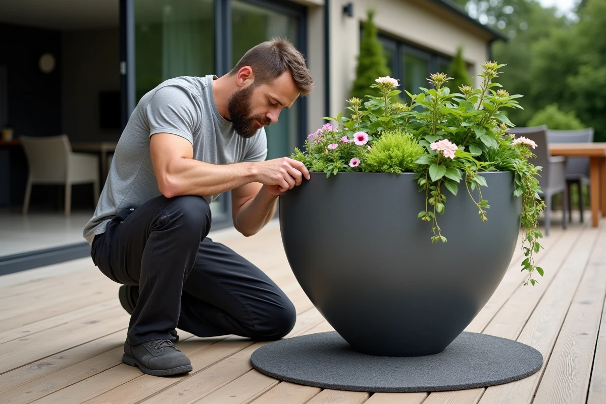 Homme posant des patins feutres sous un grand pot béton de 100 cm sur une terrasse en bois pour protéger le plancher