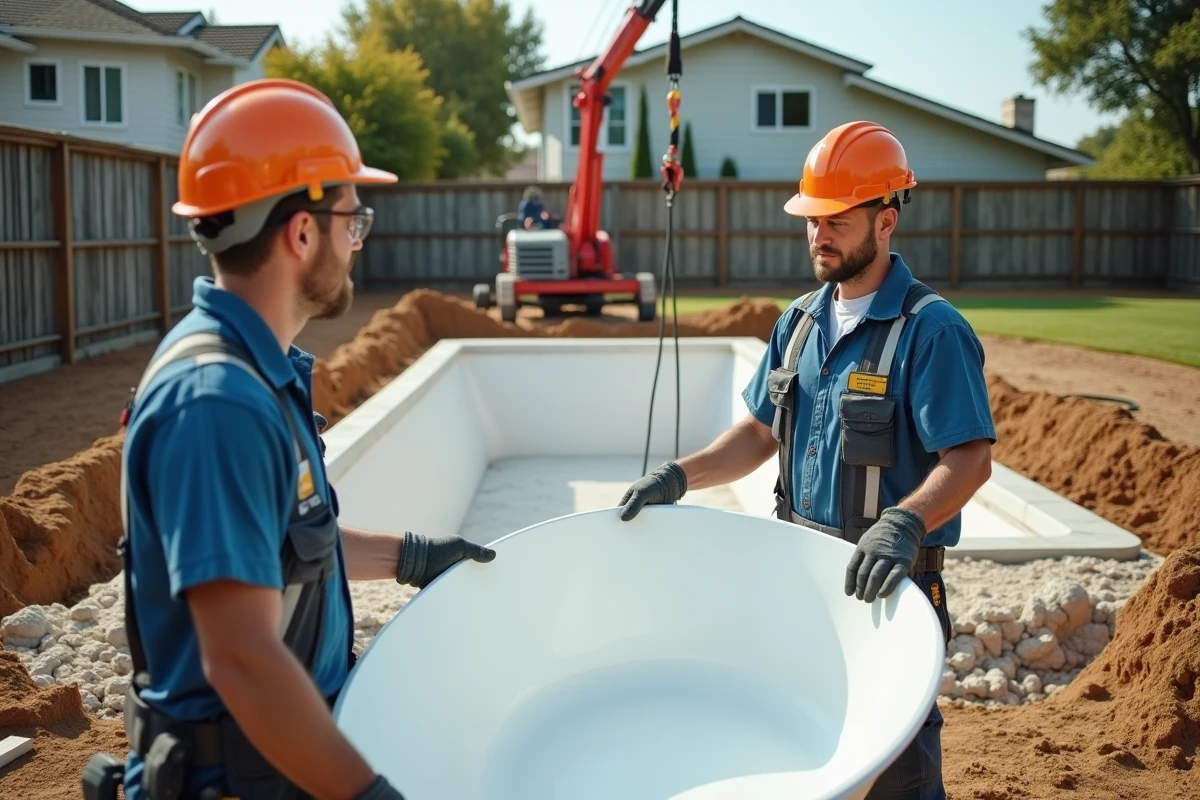 Deux professionnels de la piscine utilisant une grue pour poser une piscine coque en fibre de verre dans un jardin résidentiel lors d'un chantier organisé