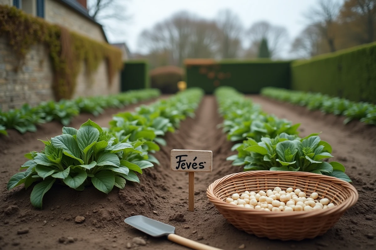 Vue large d'un potager français en automne avec un rang labellisé fèves, panier de semences et bêche posée sur la terre