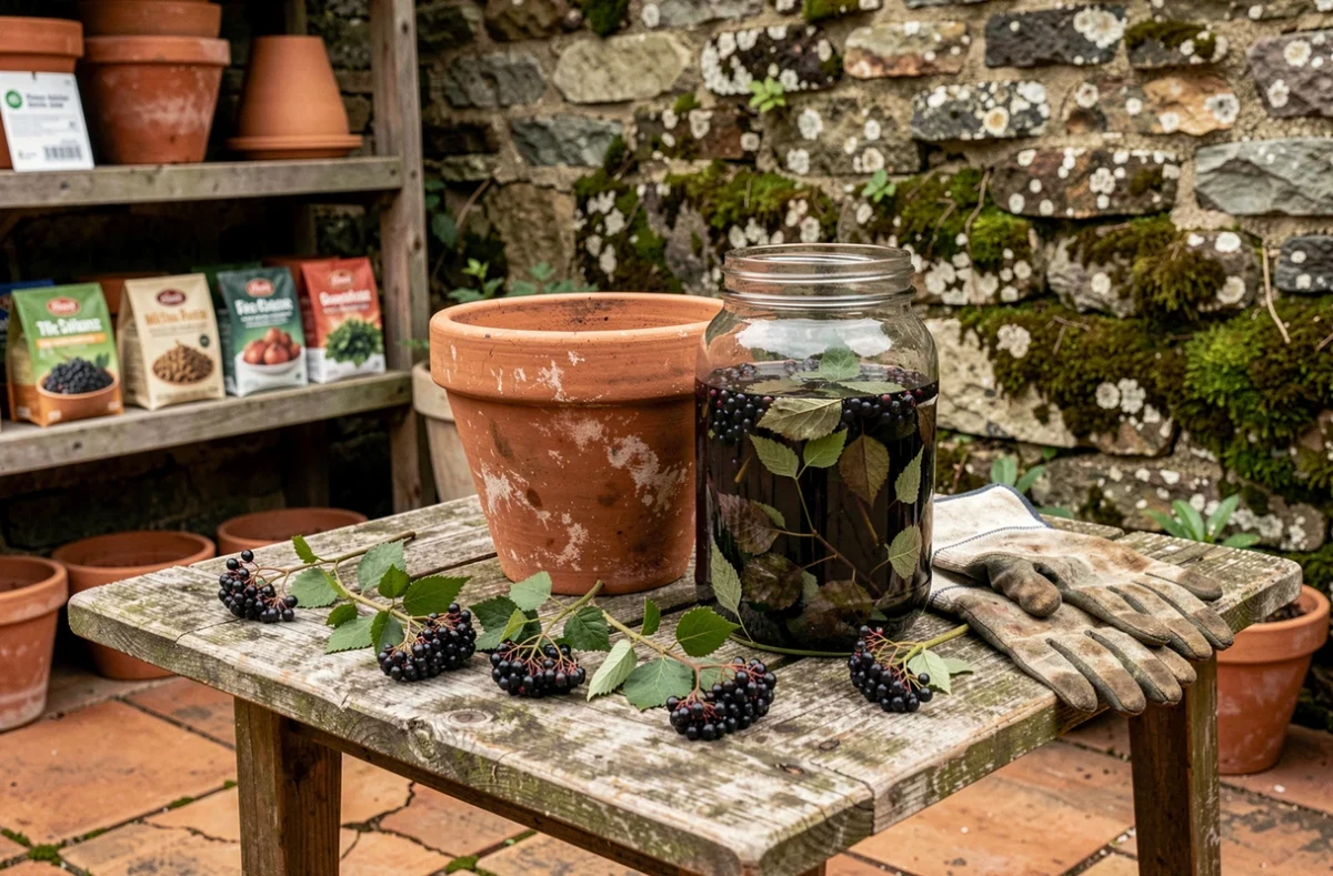 Préparation artisanale d'un purin de feuilles de sureau dans des bocaux en verre sur une table de jardinage rustique
