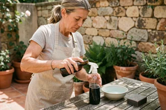 Femme préparant une solution de savon noir dans un flacon spray sur une terrasse avec carrelage en terre cuite