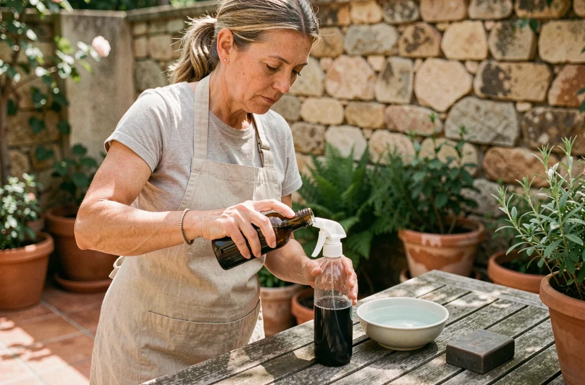 Femme préparant une solution de savon noir dans un flacon spray sur une terrasse avec carrelage en terre cuite