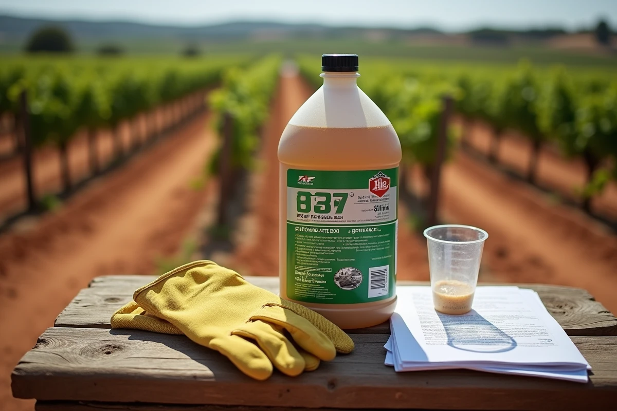 Flacon de glyphosate 360 avec gants de protection et fiche technique sur un établi en bois dans un vignoble portugais
