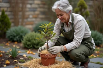 Jardiniëre protégeant une bouture de pivoine arbustive du gel avec un paillis de paille en automne