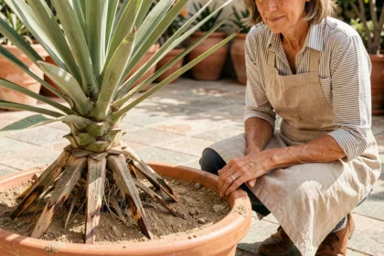 Femme jardinière examinant les racines d'un yucca en pot sur une terrasse ensoleillée