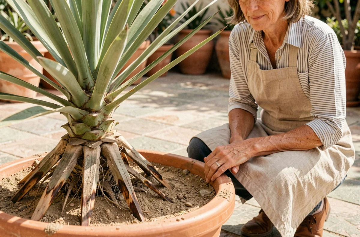 Femme jardinière examinant les racines d'un yucca en pot sur une terrasse ensoleillée