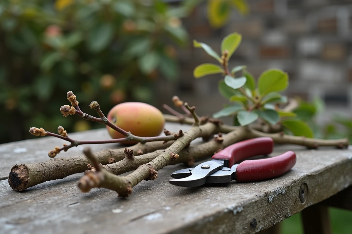 Gros plan sur des rameaux de prunier fraîchement taillés avec un sécateur et du mastic de taille sur une table de jardin, illustrant les bonnes pratiques de taille pour éviter les prunes véreuses