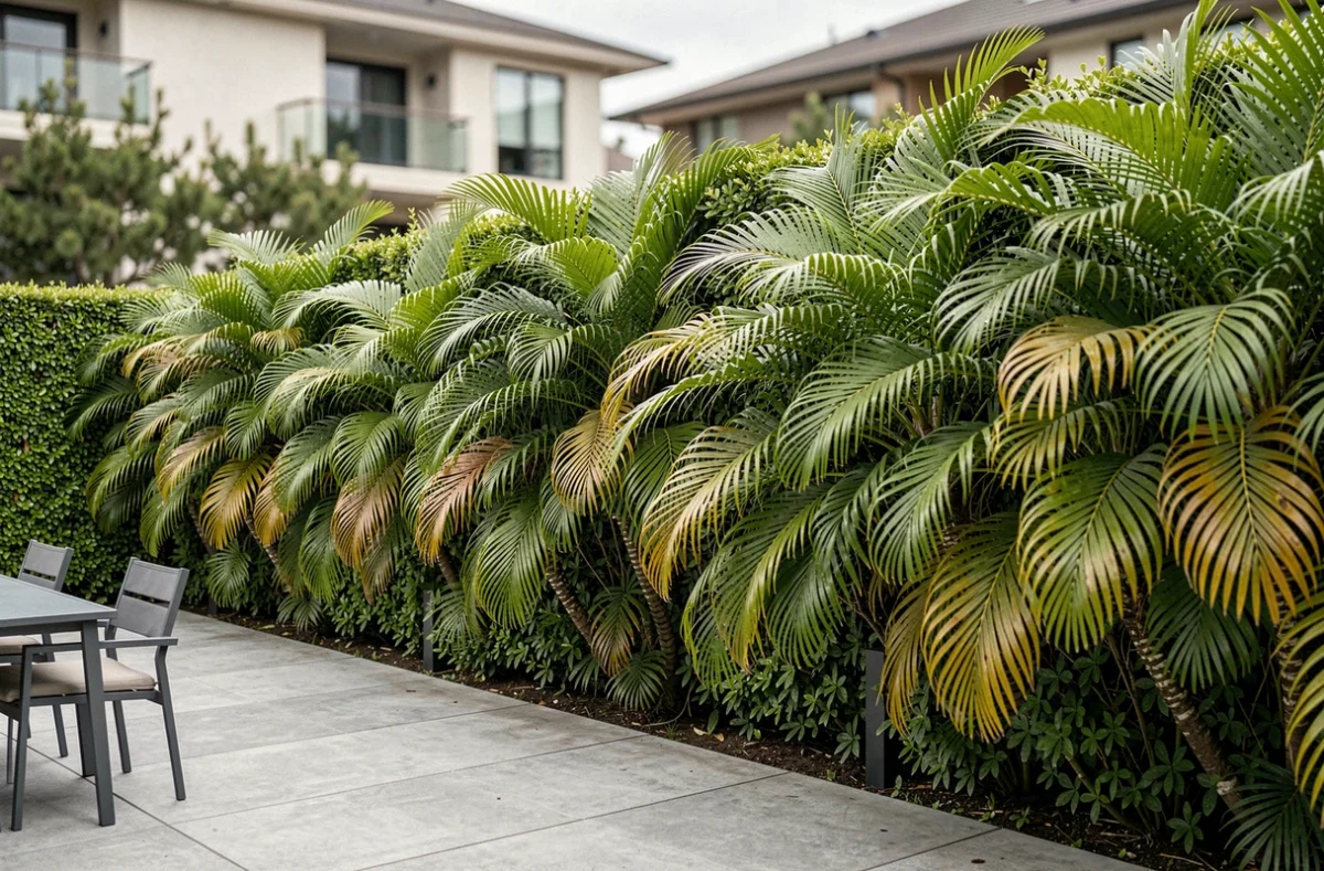 Rangée de palmiers Trachycarpus fortunei en haie brise-vue le long d'une terrasse de jardin contemporain