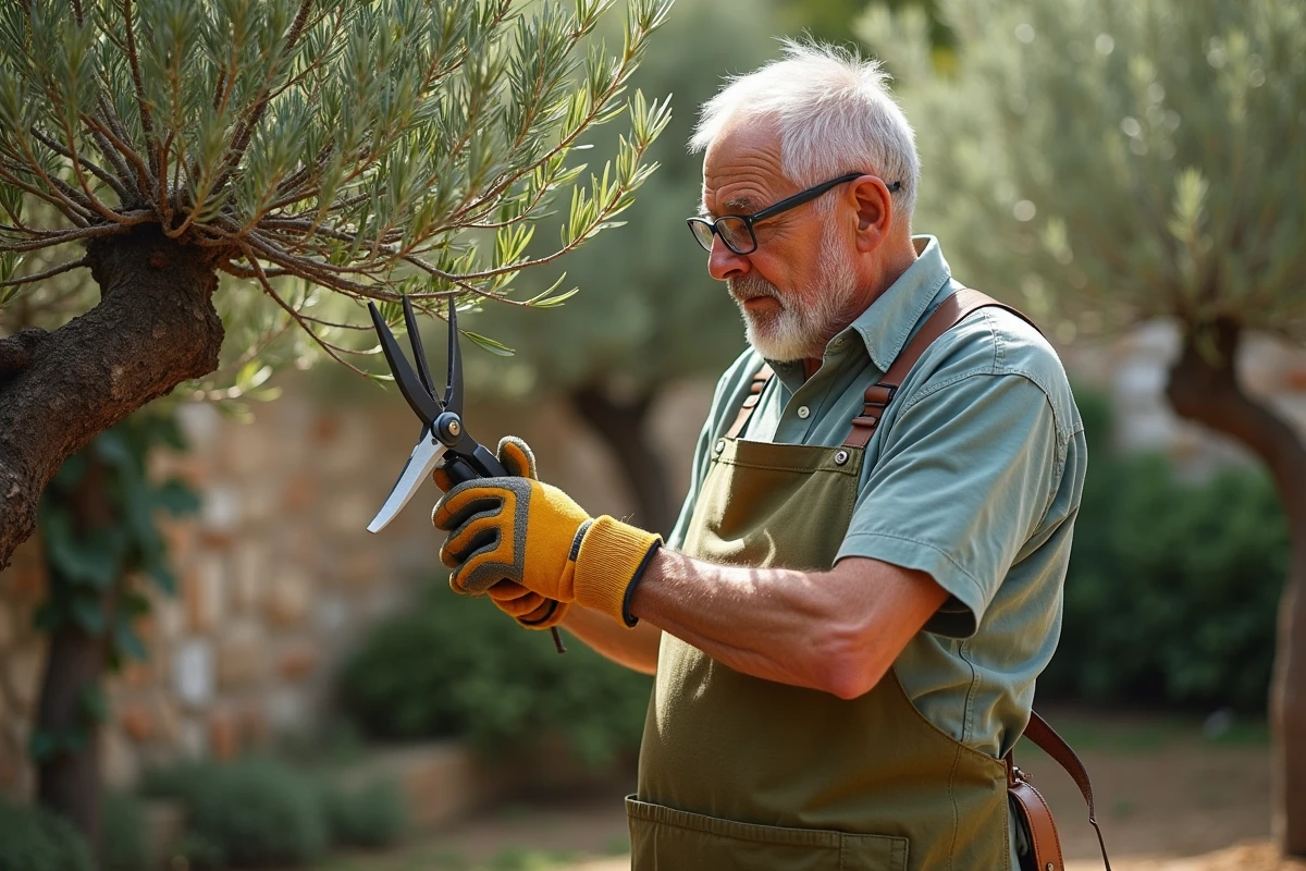 Jardinier taillant un olivier mal formé en nuage dans un jardin méditerranéen avec pierre apparente