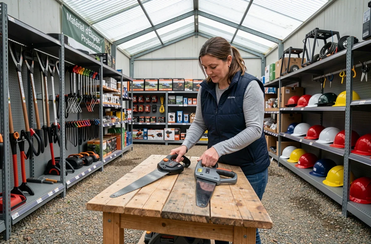 Femme comparant des scies d'élagage dans le rayon extérieur d'un magasin spécialisé