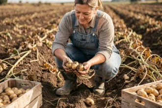 Femme récoltant des pommes de terre fraîchement déterrées dans un champ agricole, tenant des tubercules couverts de terre dans ses mains