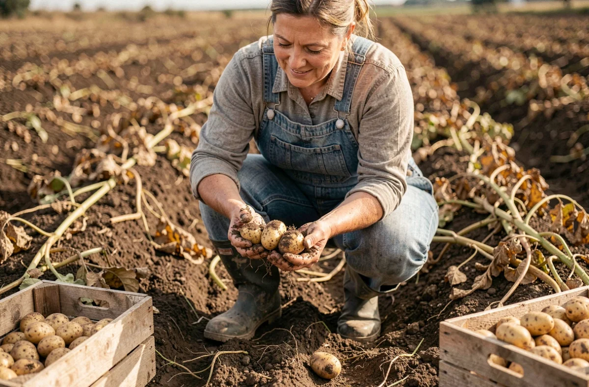 Femme récoltant des pommes de terre fraîchement déterrées dans un champ agricole, tenant des tubercules couverts de terre dans ses mains