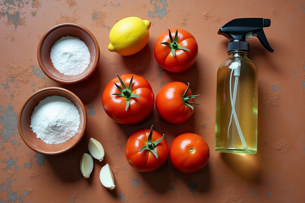 Ingrédients de traitements maison contre les taches noires sur les tomates posés sur un comptoir