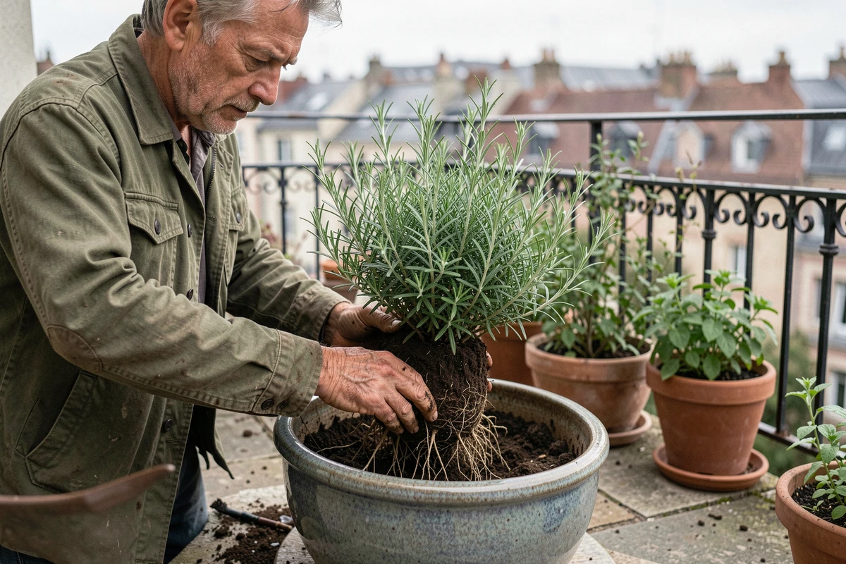 Homme rempotant un grand romarin dans un pot en céramique sur un balcon de jardinage urbain
