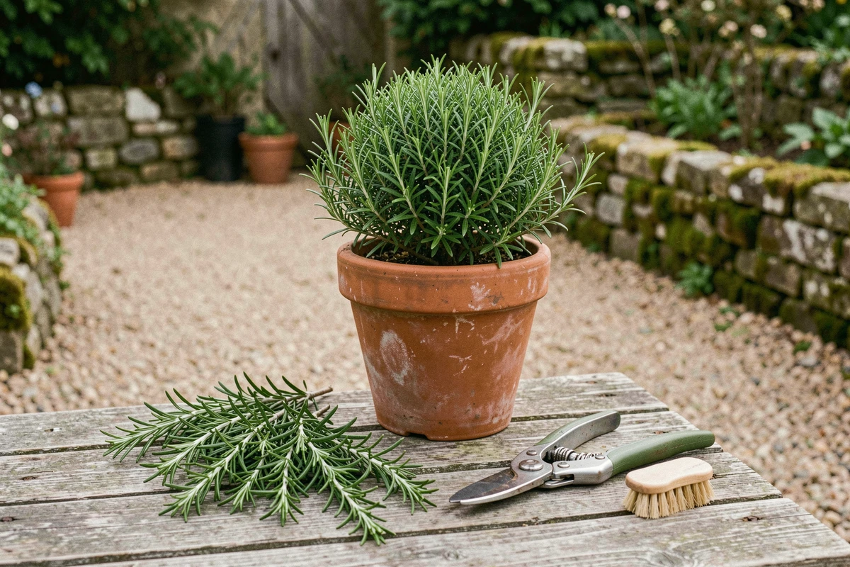 Romarin en pot taillé en forme arrondie sur un établi de jardinage avec des outils de taille