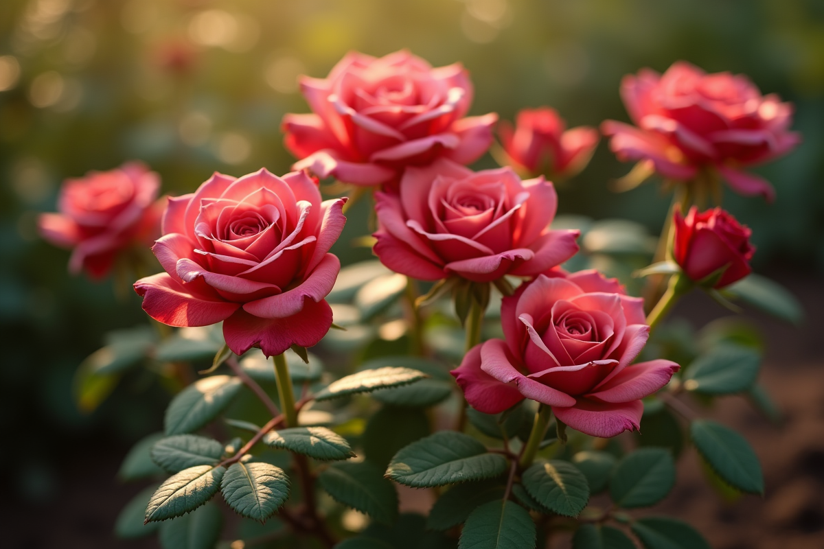 Roses fraîches plantées dans un sol humide au matin