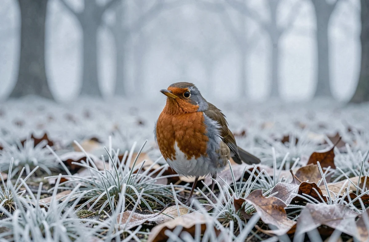 Rouge-gorge posé sur le sol gelé en hiver, plumes gonflées, atmosphère hivernale brumeuse dans un parc naturel
