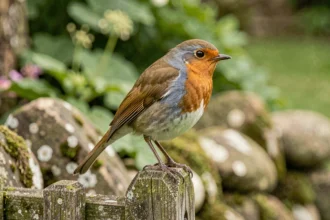Rouge-gorge perché sur un piquet de clôture en bois dans un jardin, plumage roux détaillé sur fond de verdure floue