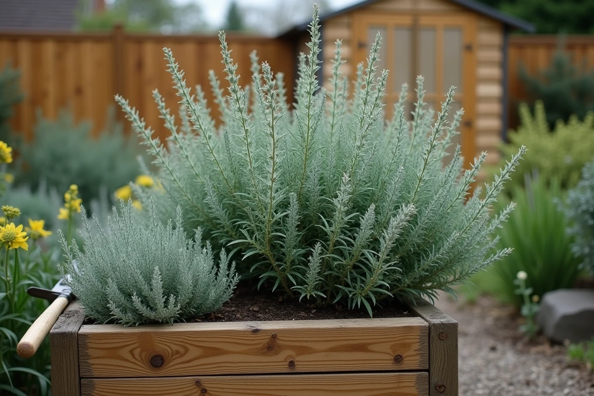 Massif de plantes aromatiques avec une sauge arbustive taillée montrant de jeunes pousses et des tiges fleuries séchées dans un potager surélevé en bois, illustrant le bon moment pour tailler