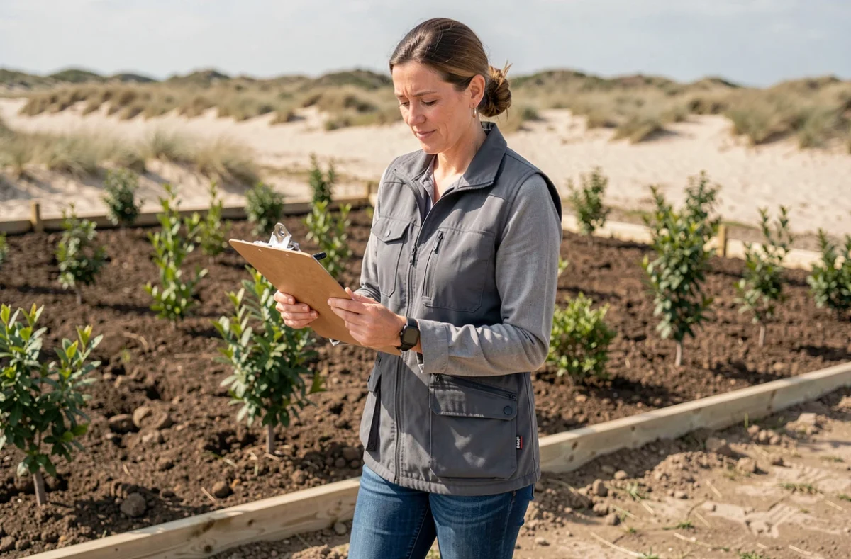 Paysagiste de Semie Paysage SARL consultant un plan d'aménagement sur chantier dans les Landes