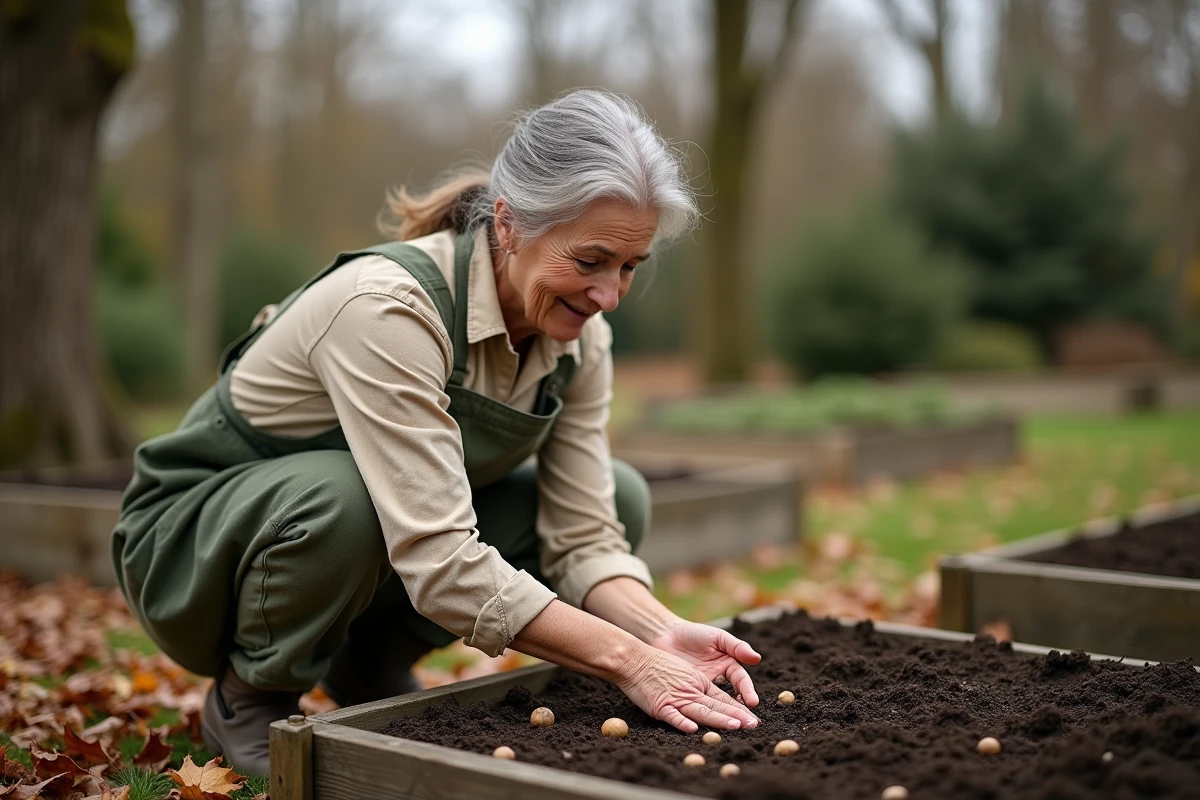 Femme jardinière semant des fèves dans un potager en automne, mains dans la terre d'un carré surélevé