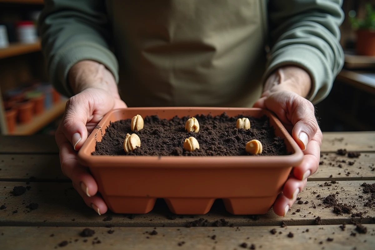 Gros plan sur des mains semant des fèves dans un bac en terre cuite sur un établi de jardinage en automne