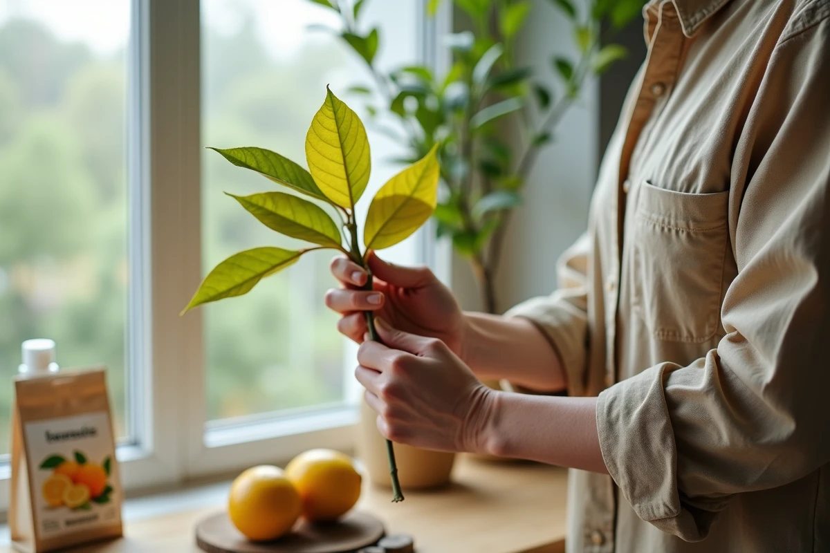 Mains inspectant une feuille jaune de citronnier avec engrais et spray de soin sur table en bois