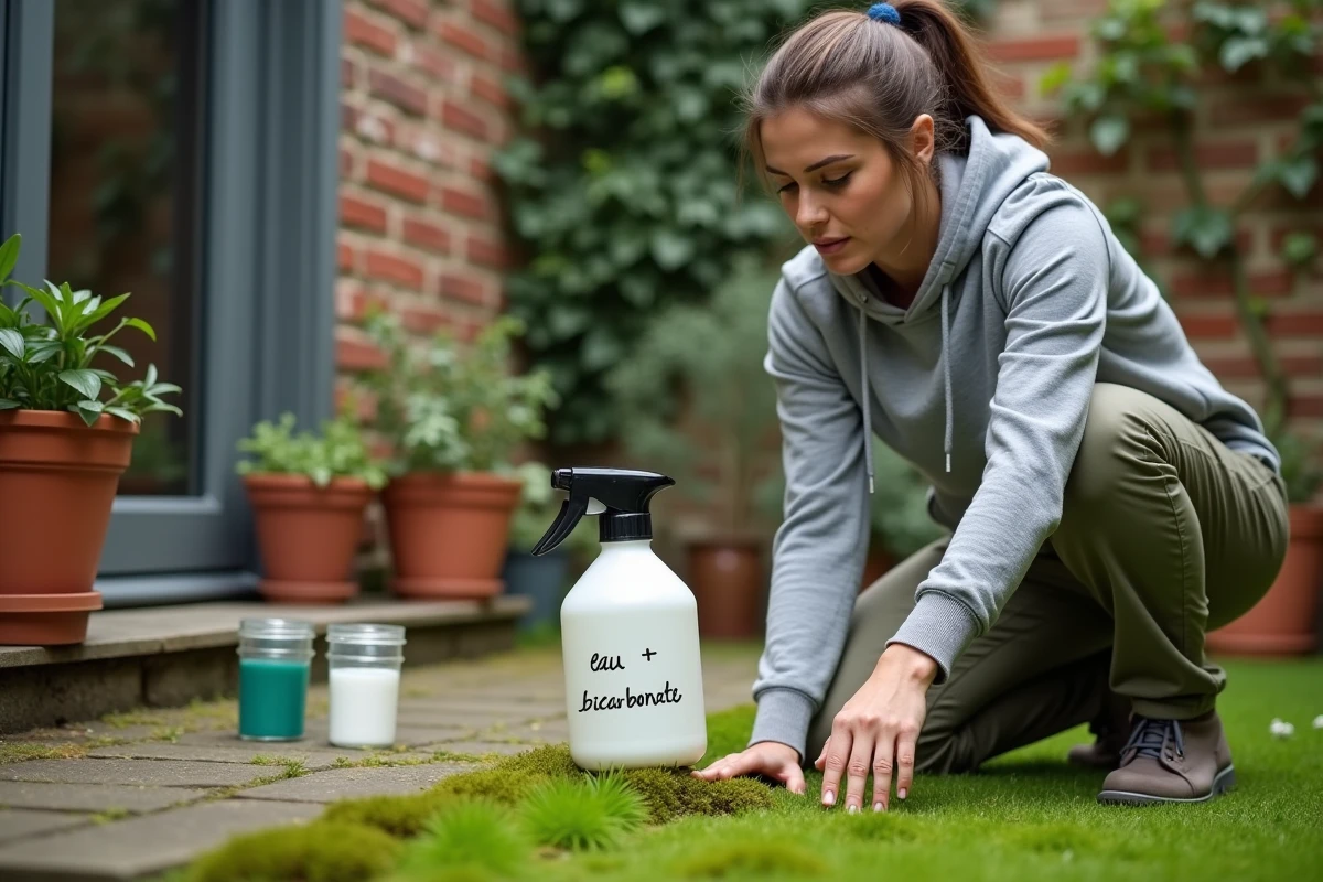 Femme appliquant une solution naturelle économique contre la mousse sur une pelouse avec un pulvérisateur de jardin DIY