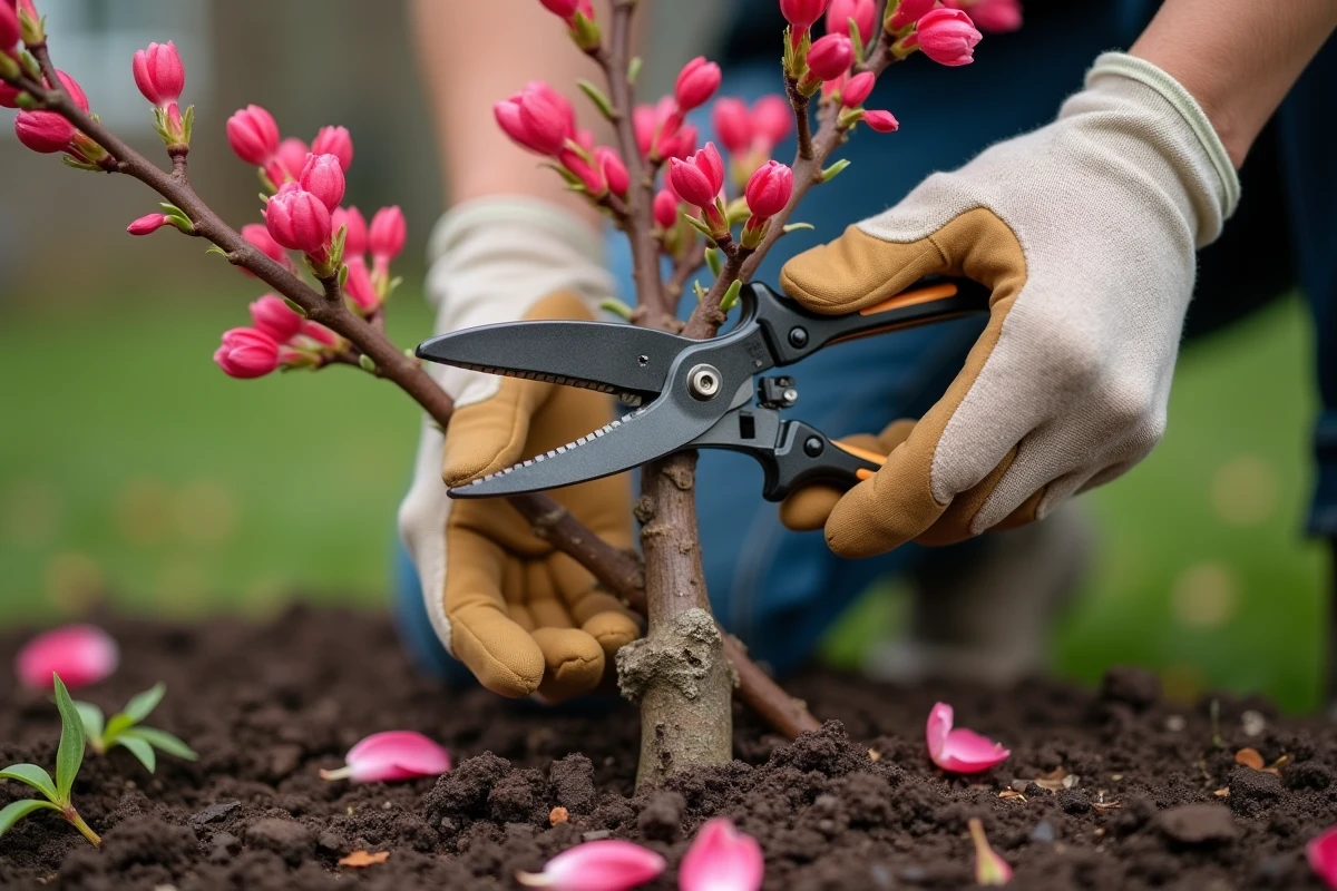 Jardiner en train de tailler un arbuste fleuri rose au printemps avec un sécateur