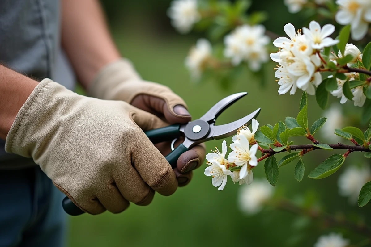 Mains de jardinier taillant un arbuste à fleurs blanches avec un sécateur pour prolonger la floraison
