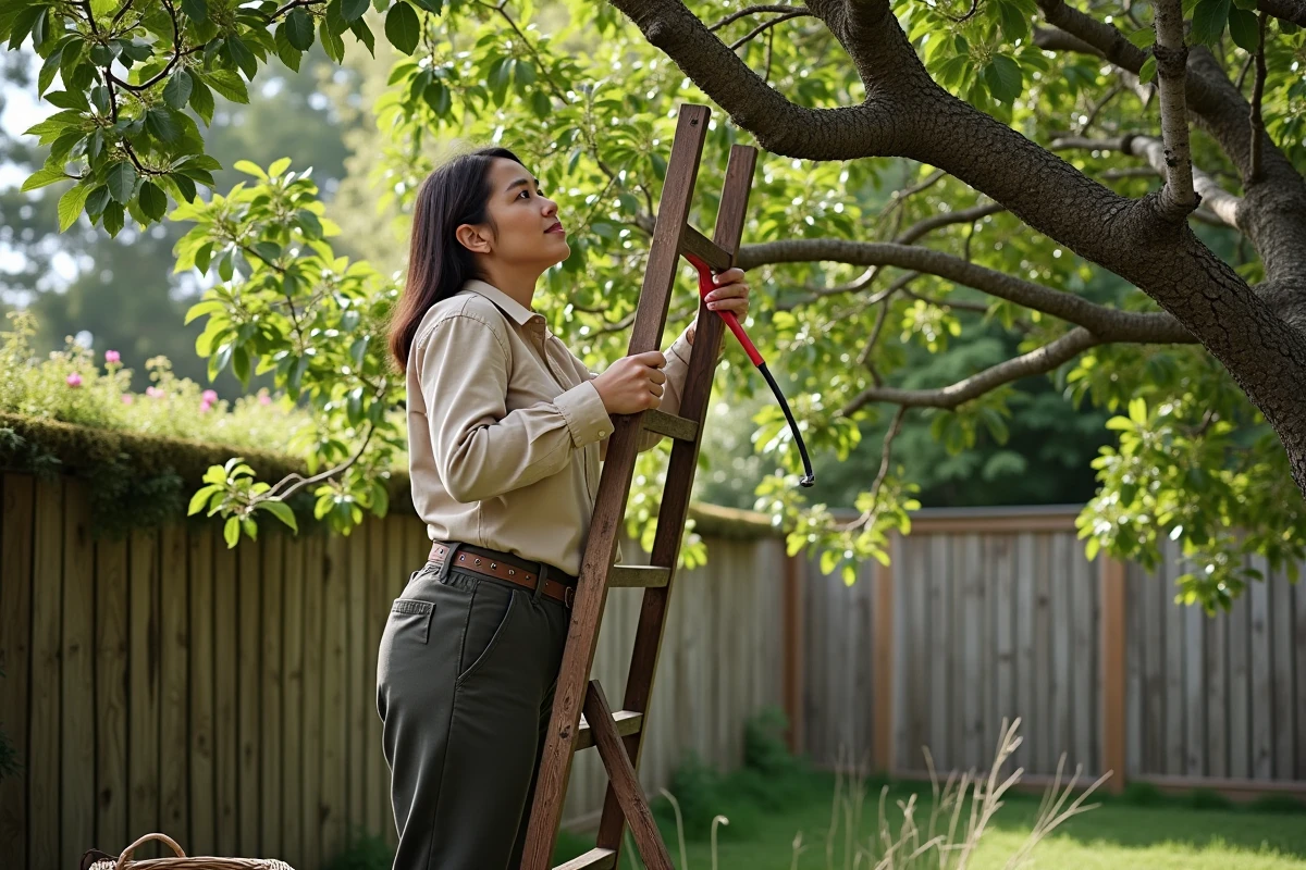 Femme sur un escabeau taillant les branches intérieures d'un prunier mature dans un jardin pour améliorer l'aération et limiter les prunes abîmées