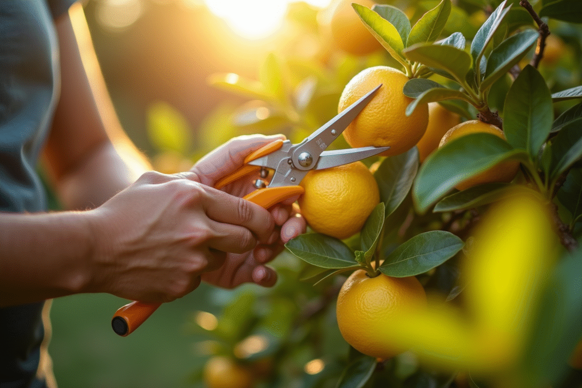 Personne taillant un citronnier en jardin ensoleille